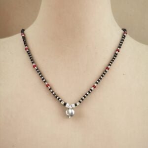 925 Silver mangalsutra made with black and red beads and a vati