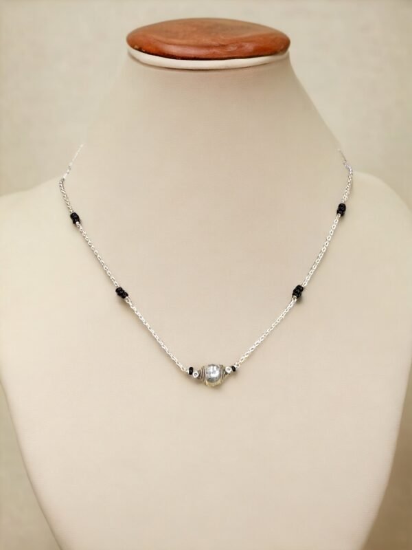 Black bead 925 sterling silver mangalsutra with round pendant at the centre